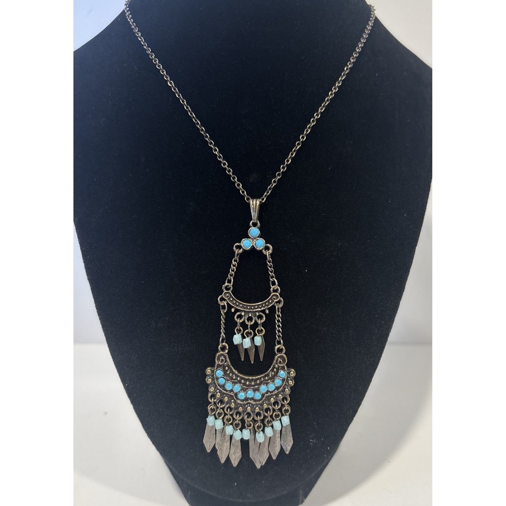 Boho Turquoise Beaded Fringe Pendant Necklace Bronze Tone 21" Statement